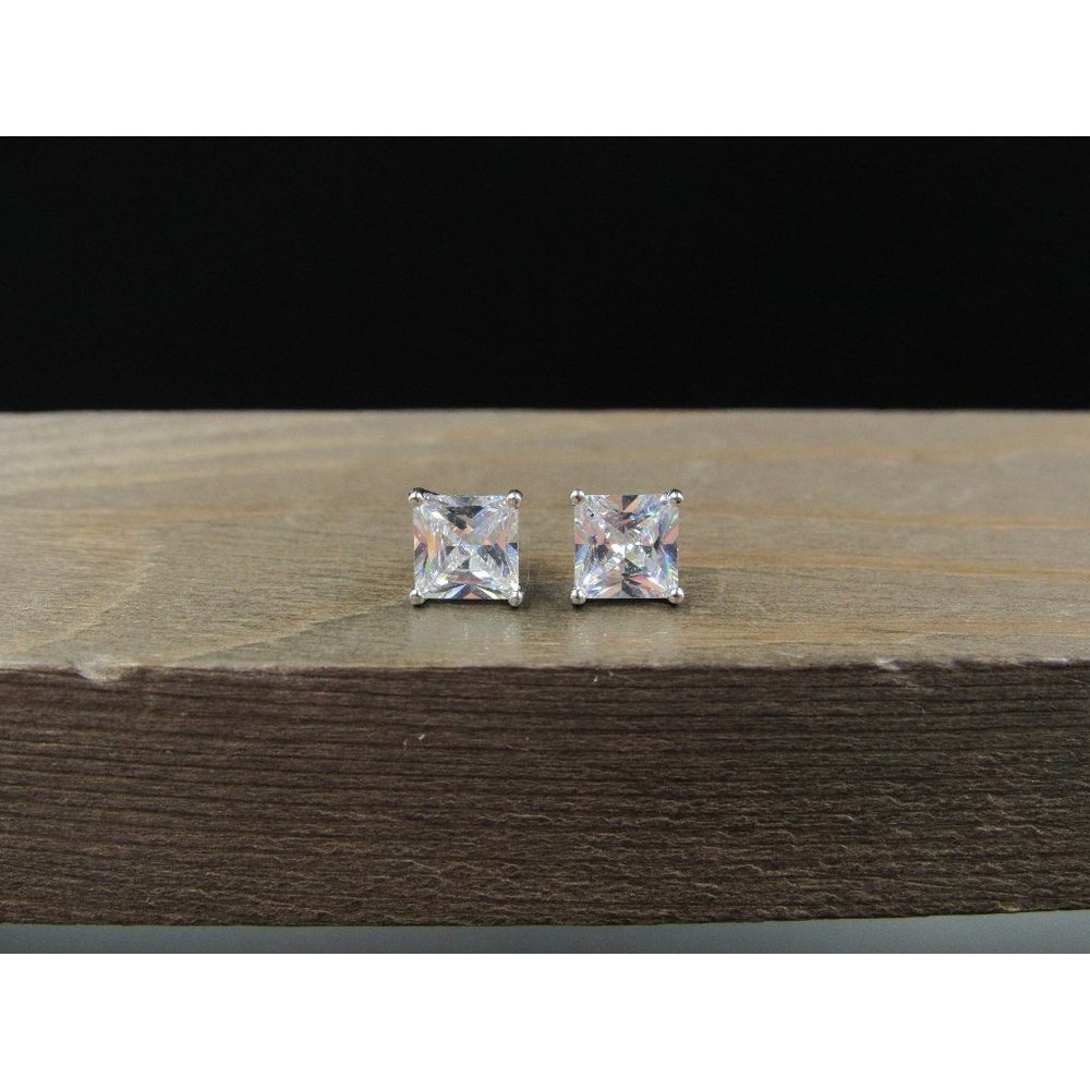 Sterling Silver Clear Cubic Zirconia Fancy Square Stud Earrings Vintage Wedding